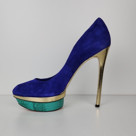B Brian Atwood Purple Gold Teal Suede Platform Stiletto Size 10 - Picture 7 of 10